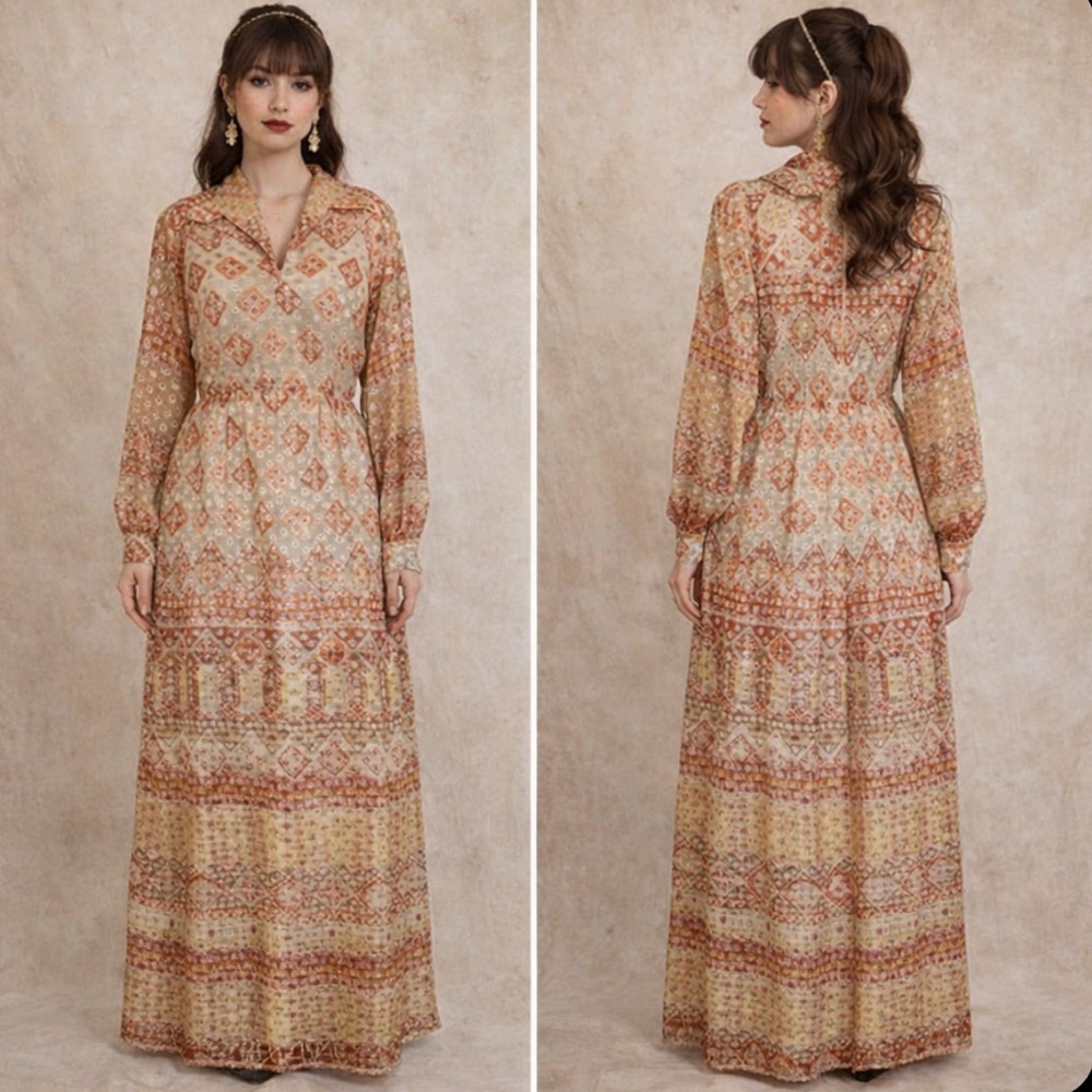 Vintage Sheer Gold Lame Polka-Dot Overlay Maxi Dress